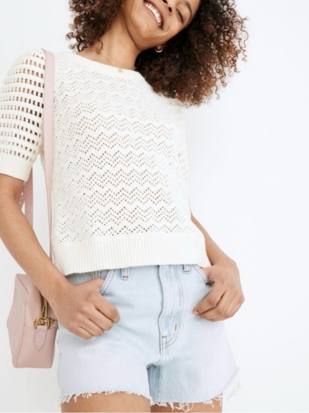 Madewell White Open-Knit Short Sleeve Sweater Top